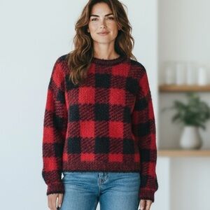 Skims Women's Oversized XXS/XS Cozy Unisex Fleece Pullover Red Buffalo Check NWT